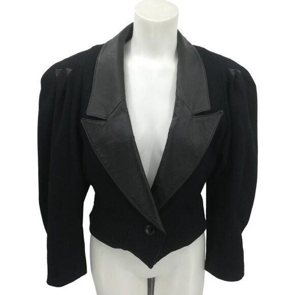 Vintage Jonathan Stevens Wool Leather Short Blazer Jacket Size S Shoulder Pads - Picture 1 of 15